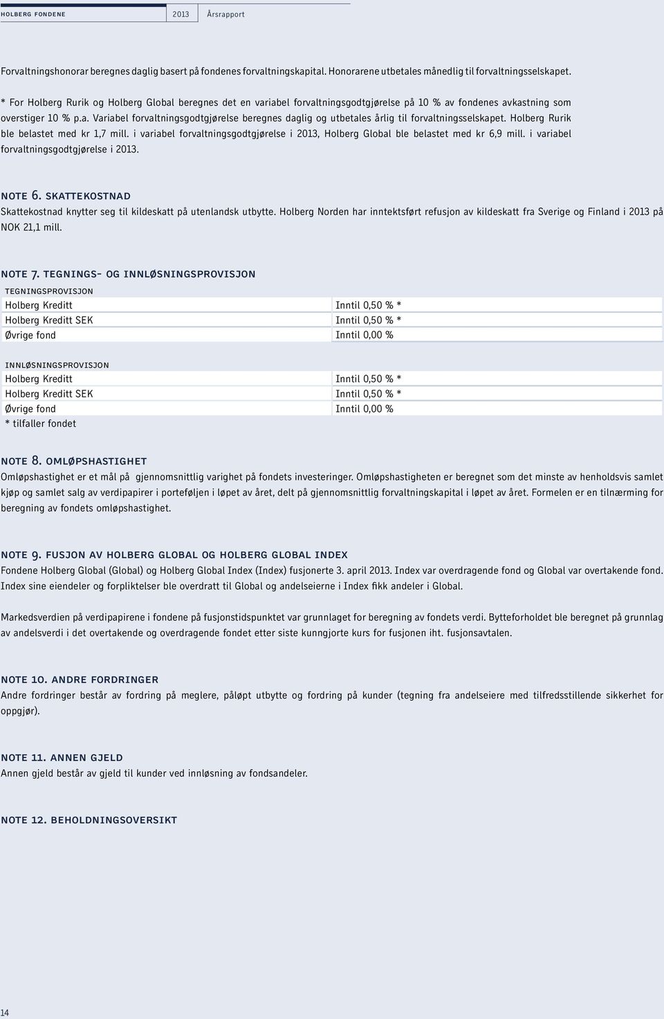 Holberg Rurik ble belastet med kr 1,7 mill. i variabel forvaltningsgodtgjørelse i 2013, Holberg Global ble belastet med kr 6,9 mill. i variabel forvaltningsgodtgjørelse i 2013. note 6.