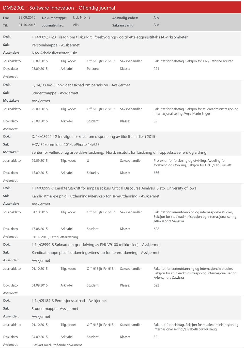 2015 Personal, 14/08942-5 Innvilget søknad om permisjon - Studentmappe - internasjonalisering /Anja Marie Enger 23.09.