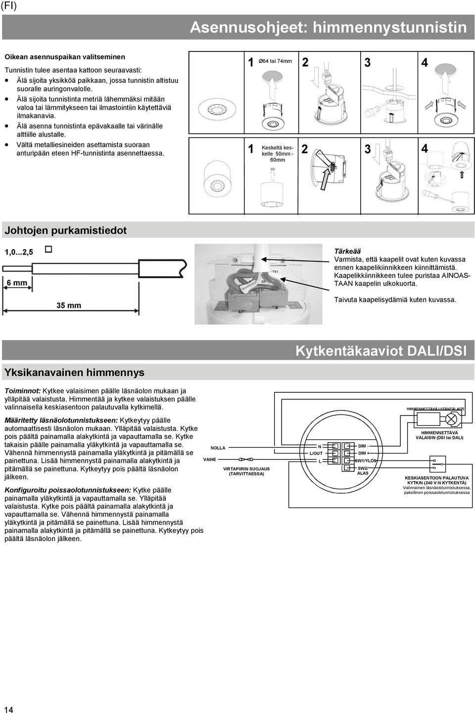 Vältä metalliesineiden asettamista suoraan anturipään eteen HF-tunnistinta asennettaessa. 1 2 3 1 Ø64 tai 74mm 4 Keskeltä keskelle 50mm - 60mm 2 3 4 Johtojen purkamistiedot 1,0.