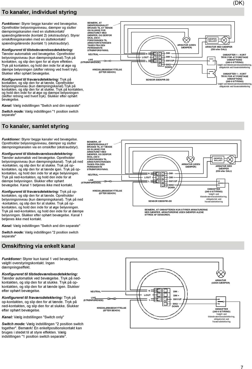 Styrer omskiftningskanalen med en sluttekontakt/ spændingsførende (kontakt 1) (ekstraudstyr). Konfigureret til tilstedeværelsesdetektering: Tænder automatisk ved bevægelse.