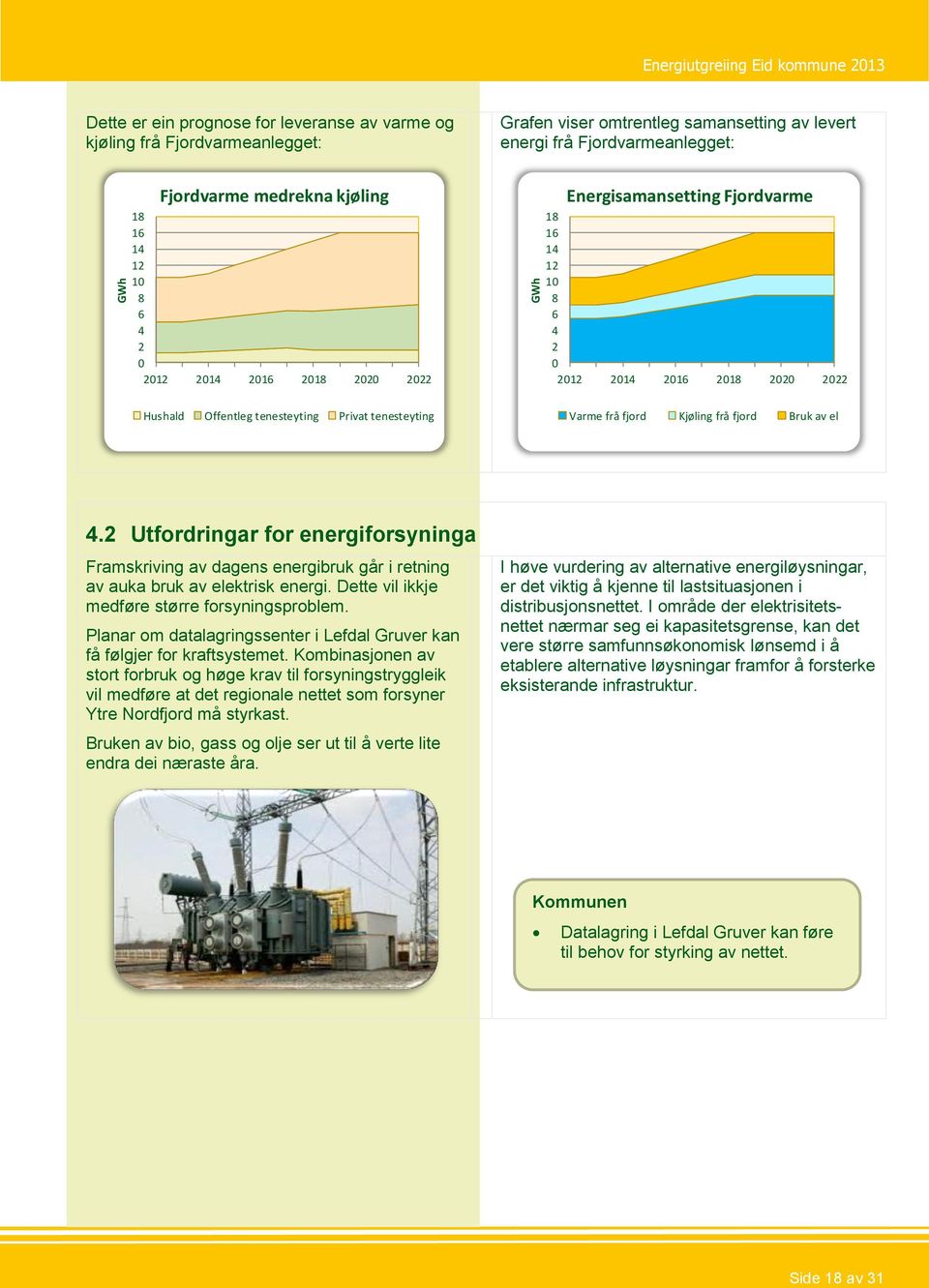 Privat tenesteyting Varme frå fjord Kjøling frå fjord Bruk av el 4.2 Utfordringar for energiforsyninga Framskriving av dagens energibruk går i retning av auka bruk av elektrisk energi.