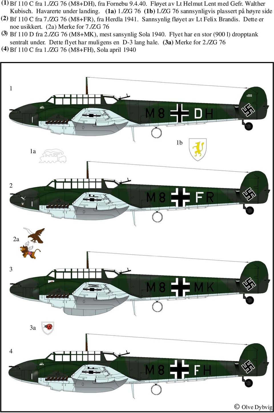 Dette er noe usikkert. (2a) Merke for 7./ZG 76 (3) Bf 110 D fra 2./ZG 76 (M8+MK), mest sansynlig Sola 1940.