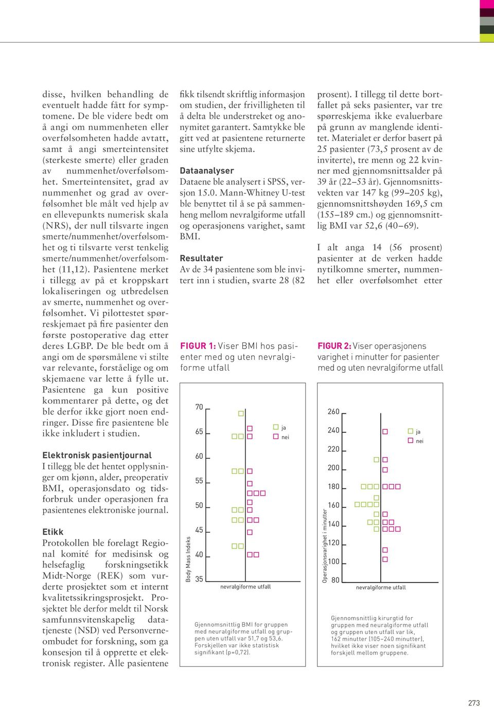 Smerteintensitet, grad av nummenhet og grad av overfølsomhet ble målt ved hjelp av en ellevepunkts numerisk skala (NRS), der null tilsvarte ingen smerte/nummenhet/overfølsomhet og ti tilsvarte verst