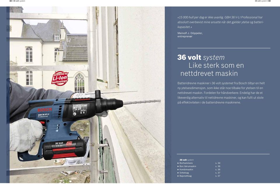 Döppeler, entreprenør 36 volt system Like sterk som en nettdrevet maskin Batteridrevne maskiner i 36 volt systemet fra Bosch tilbyr en helt ny ytelsesdimensjon, som ikke