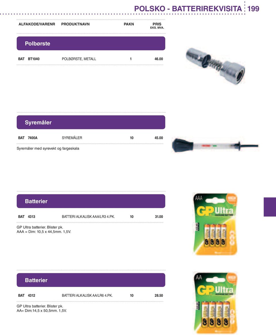 00 Syremåler med syrevekt og fargeskala BAT 4313 BATTERI ALKALISK AAA/LR3 4.PK. 10 31.