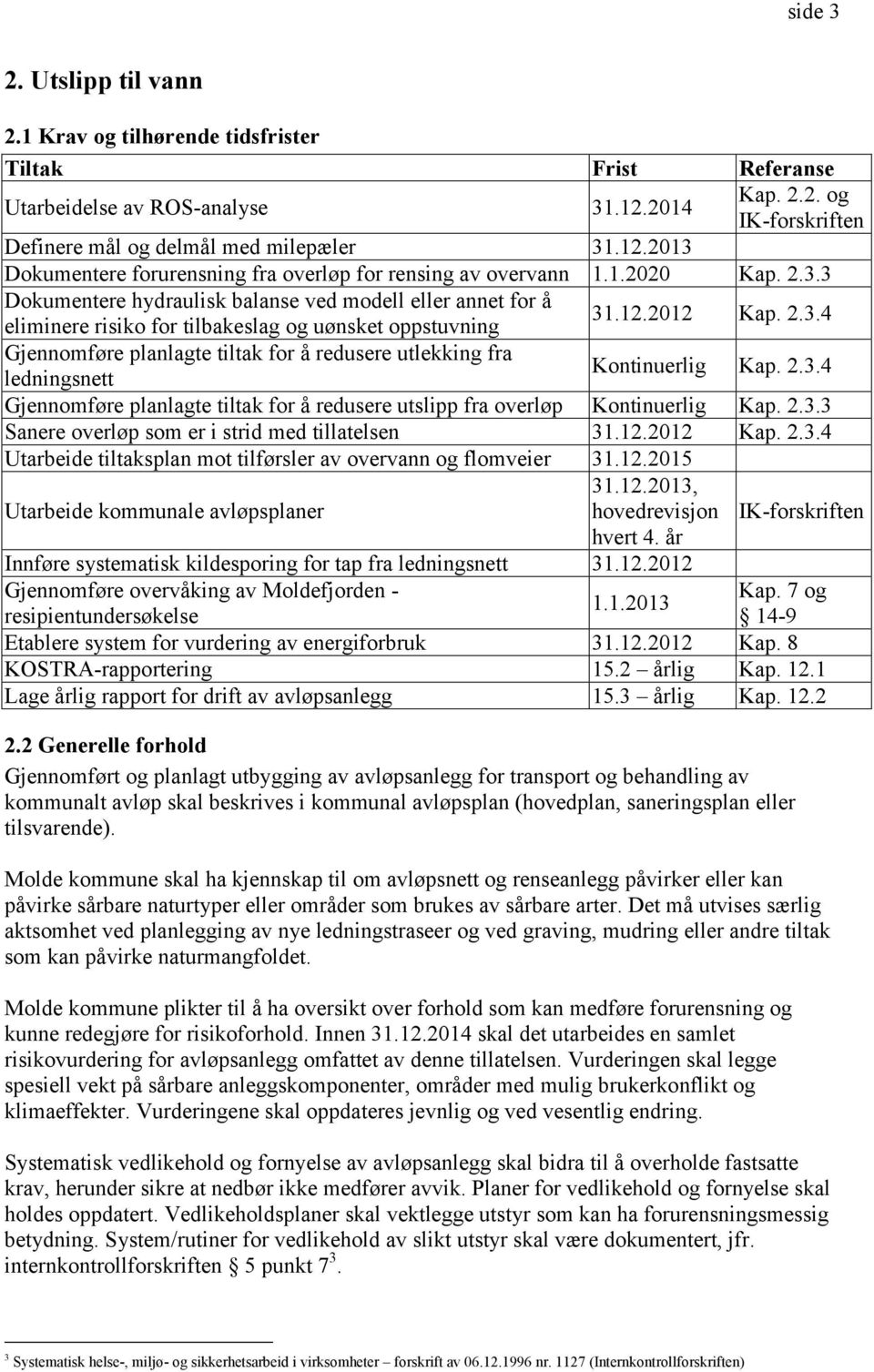 2.3.4 Gjennomføre planlagte tiltak for å redusere utslipp fra overløp Kontinuerlig Kap. 2.3.3 Sanere overløp som er i strid med tillatelsen 31.12.2012 Kap. 2.3.4 Utarbeide tiltaksplan mot tilførsler av overvann og flomveier 31.