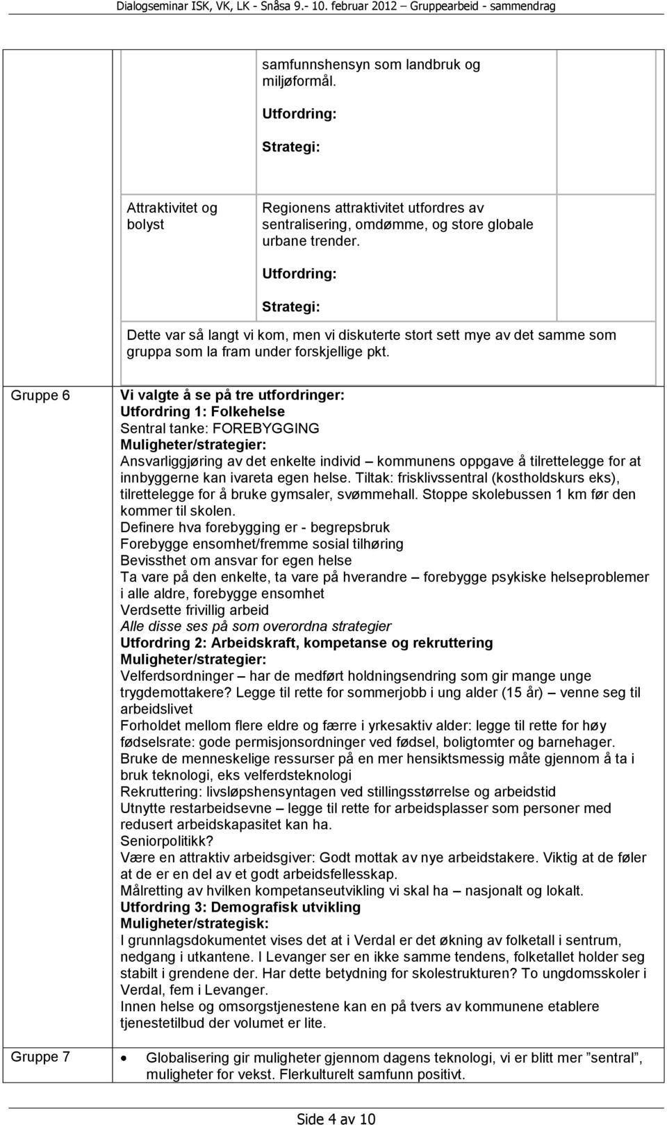 Gruppe 6 Gruppe 7 Vi valgte å se på tre utfordringer: Utfordring 1: Folkehelse Sentral tanke: FOREBYGGING Muligheter/strategier: Ansvarliggjøring av det enkelte individ kommunens oppgave å