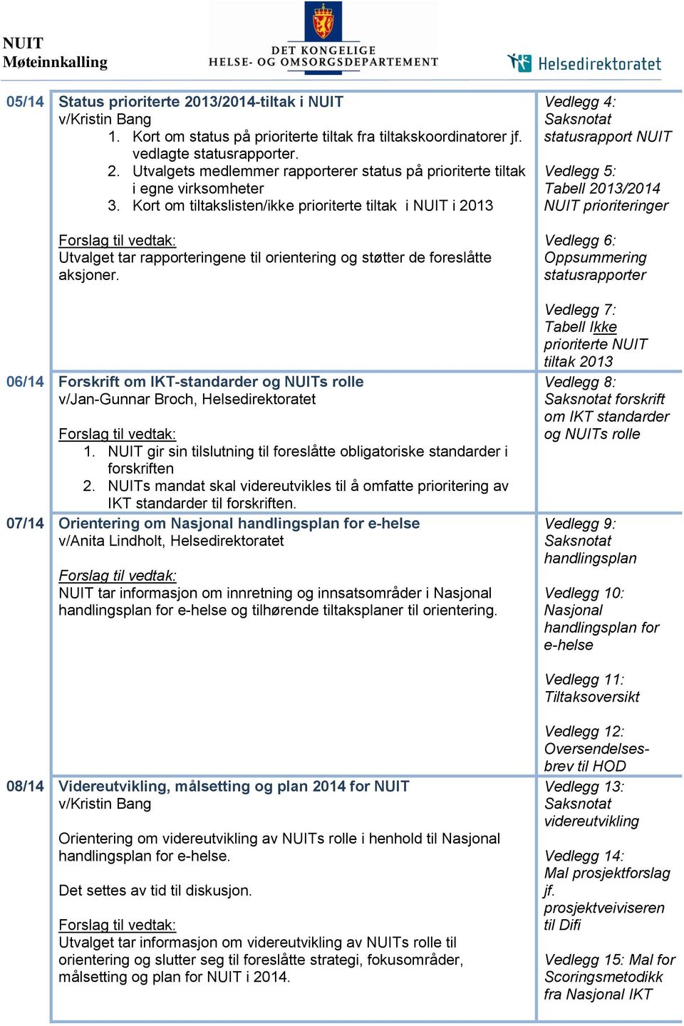 06/14 Forskrift om IKT-standarder og NUITs rolle v/jan-gunnar Broch, Helsedirektoratet Forslag til vedtak: 1. NUIT gir sin tilslutning til foreslåtte obligatoriske standarder i forskriften 2.