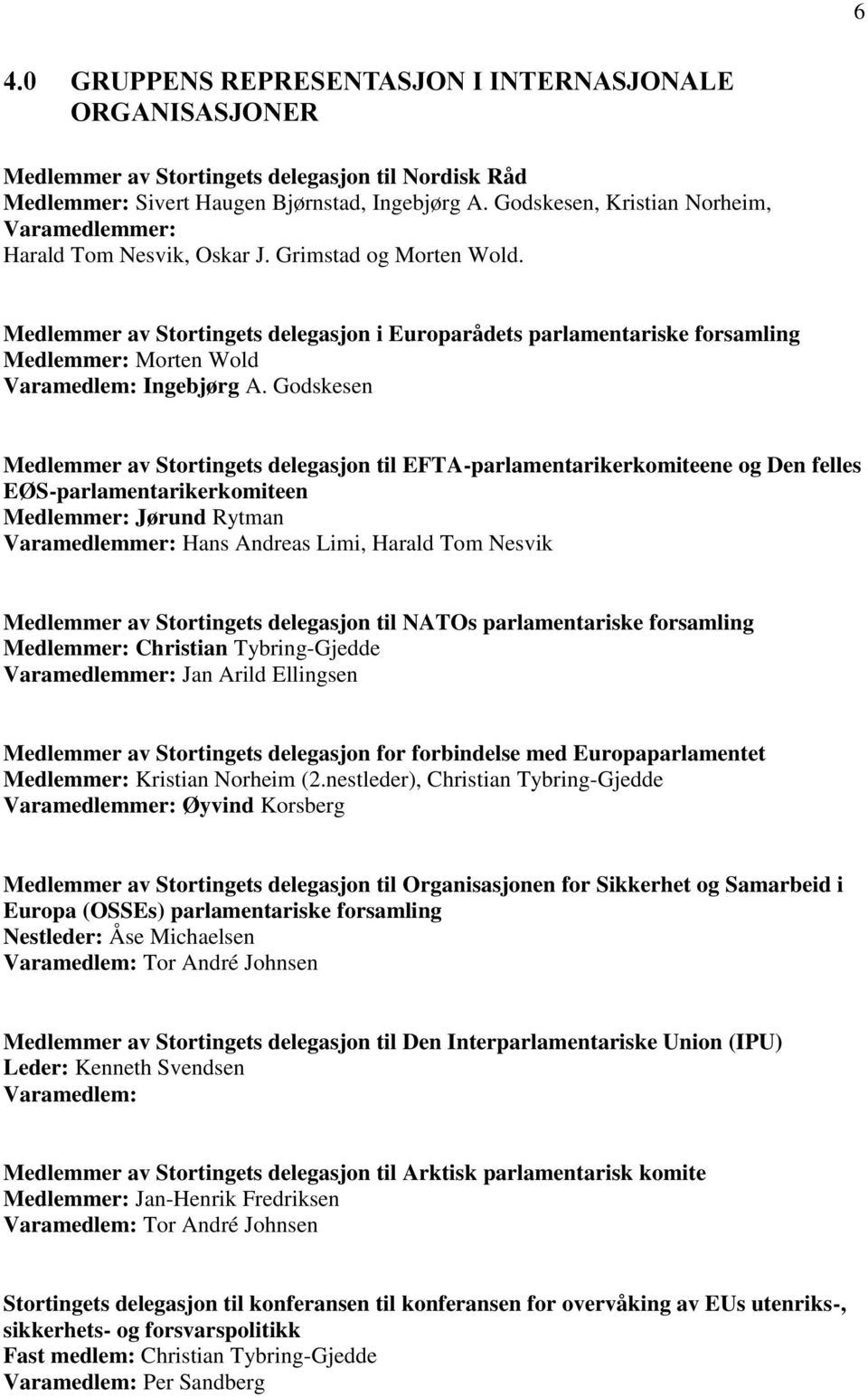 Medlemmer av Stortingets delegasjon i Europarådets parlamentariske forsamling Medlemmer: Morten Wold Varamedlem: Ingebjørg A.