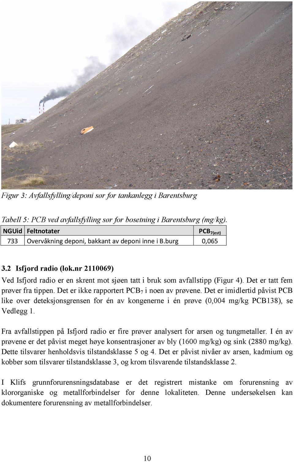 nr 2110069) Ved Isfjord radio er en skrent mot sjøen tatt i bruk som avfallstipp (Figur 4). Det er tatt fem prøver fra tippen. Det er ikke rapportert PCB7 i noen av prøvene.