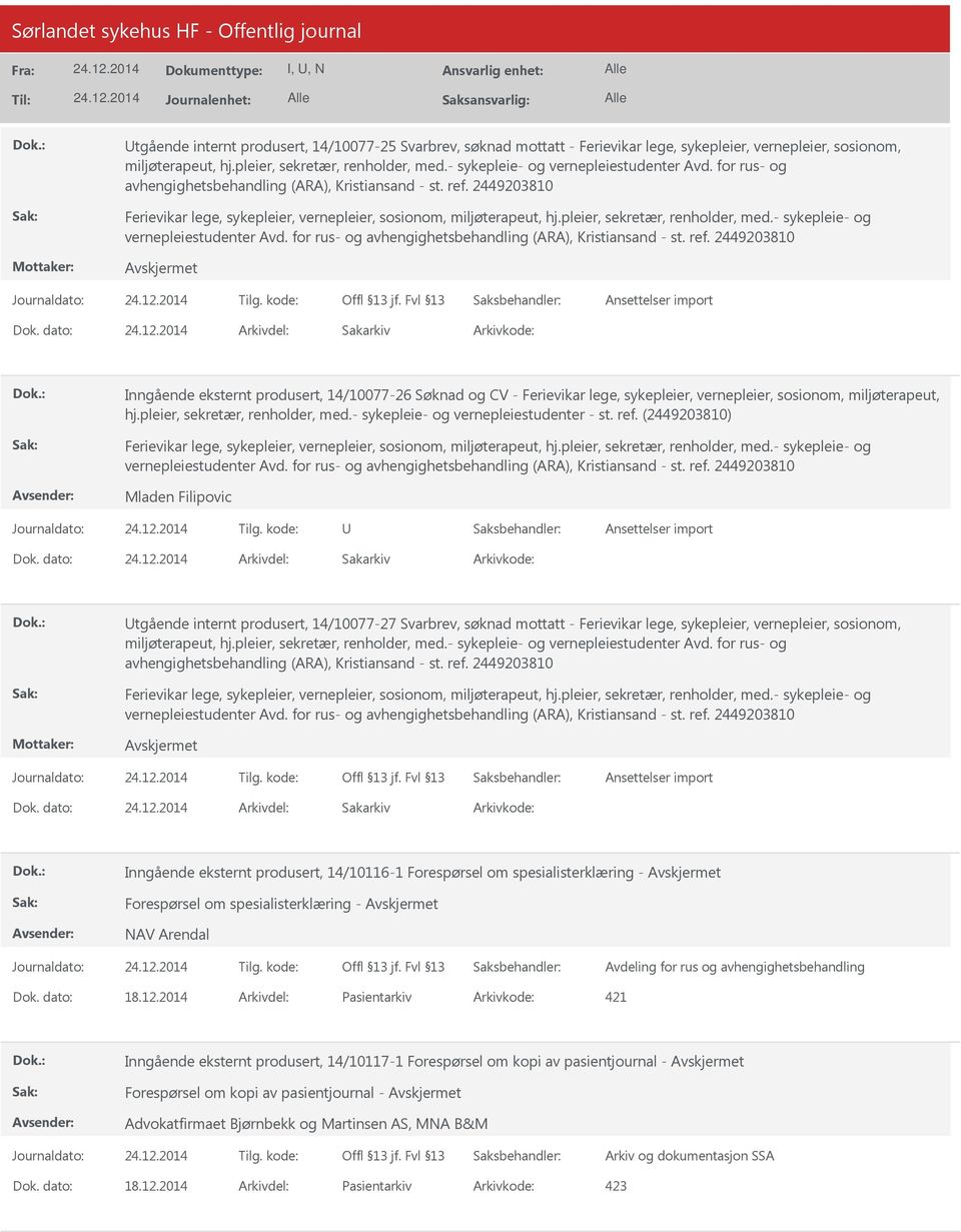 pleier, sekretær, renholder, med.- sykepleie- og vernepleiestudenter Avd. for rus- og avhengighetsbehandling (ARA), Kristiansand - st. ref.