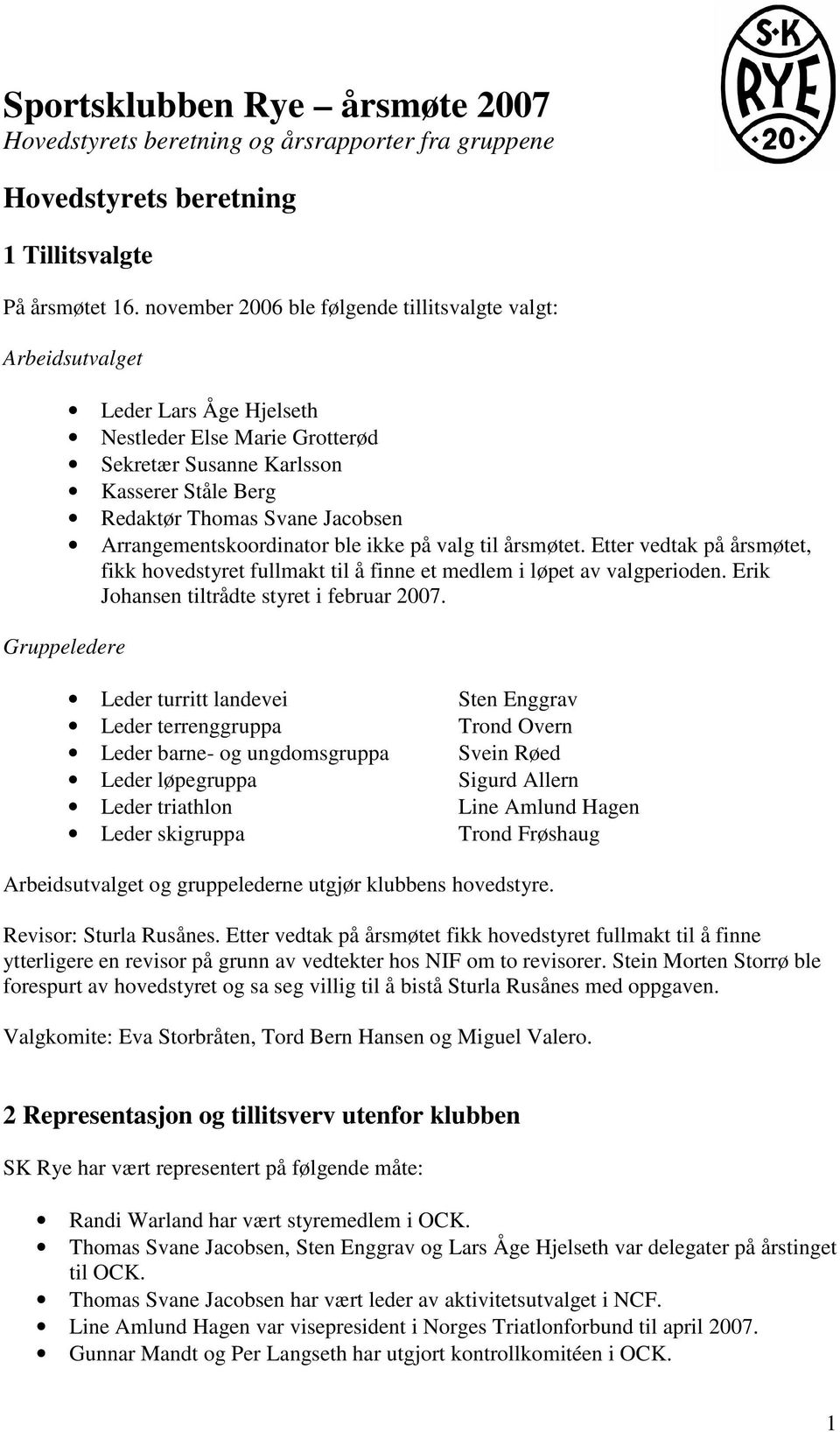 Jacobsen Arrangementskoordinator ble ikke på valg til årsmøtet. Etter vedtak på årsmøtet, fikk hovedstyret fullmakt til å finne et medlem i løpet av valgperioden.