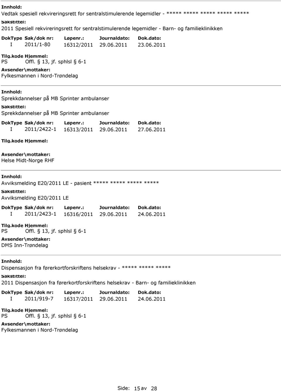 06.2011 Helse Midt-Norge RHF Avviksmelding E20/2011 LE - pasient ***** ***** ***** ***** Avviksmelding E20/2011 LE 2011/2423-1 16316/2011 DMS nn-trøndelag 24.06.2011 Dispensasjon fra