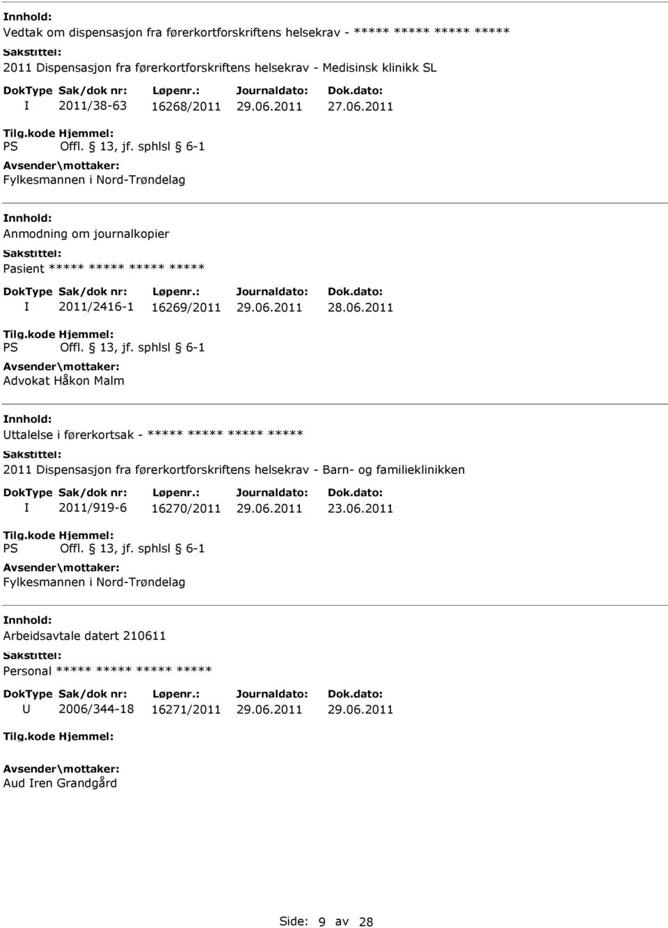 2011 Anmodning om journalkopier Pasient ***** ***** ***** ***** 2011/2416-1 16269/2011 Advokat Håkon Malm 28.06.