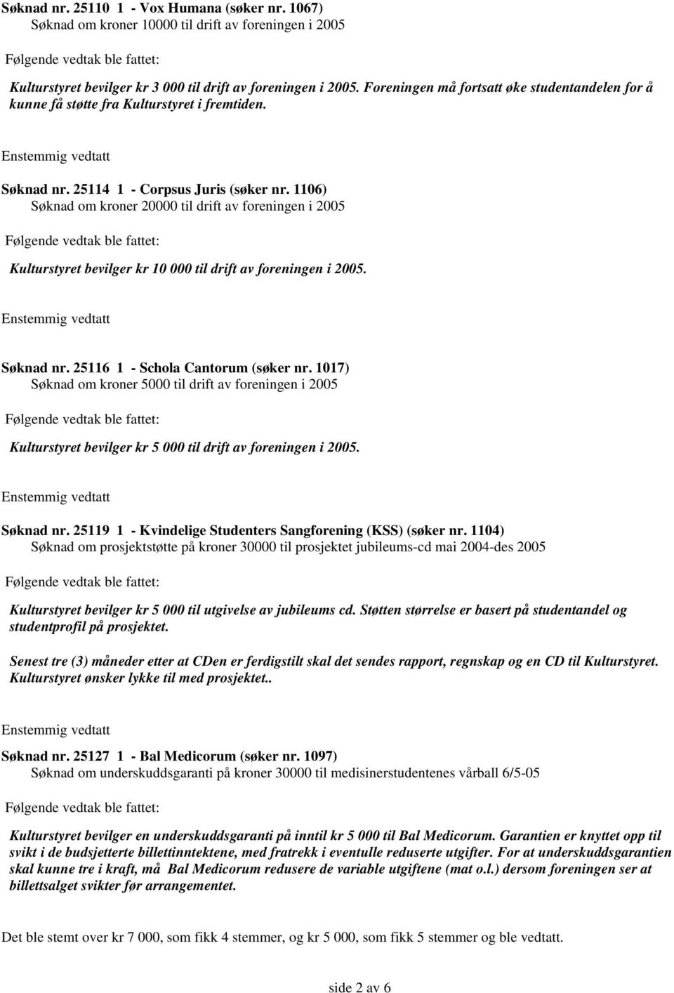 1106) Søknad om kroner 20000 til drift av foreningen i 2005 Kulturstyret bevilger kr 10 000 til drift av foreningen i 2005. Søknad nr. 25116 1 - Schola Cantorum (søker nr.