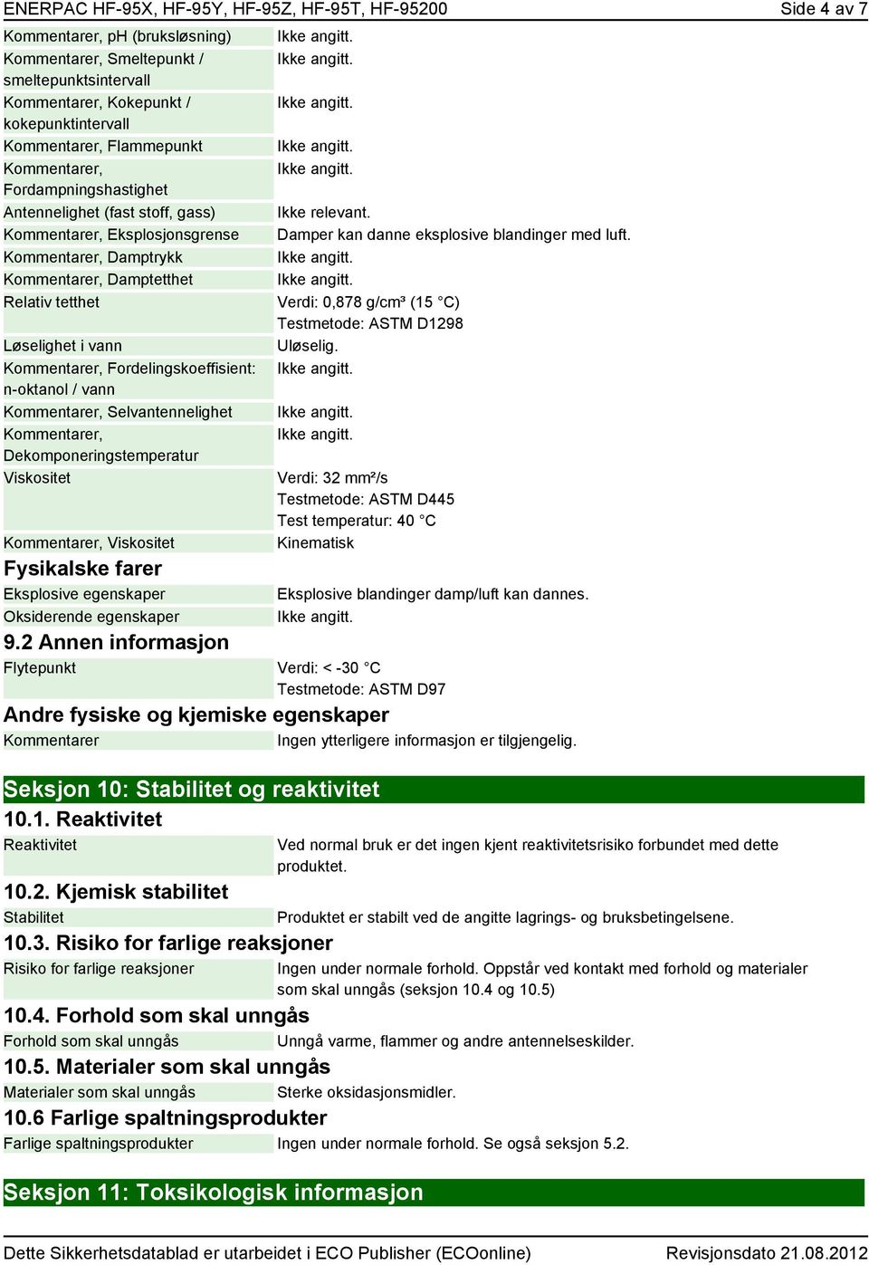 Dekomponeringstemperatur Viskositet er, Viskositet Fysikalske farer Eksplosive egenskaper Oksiderende egenskaper Damper kan danne eksplosive blandinger med luft.