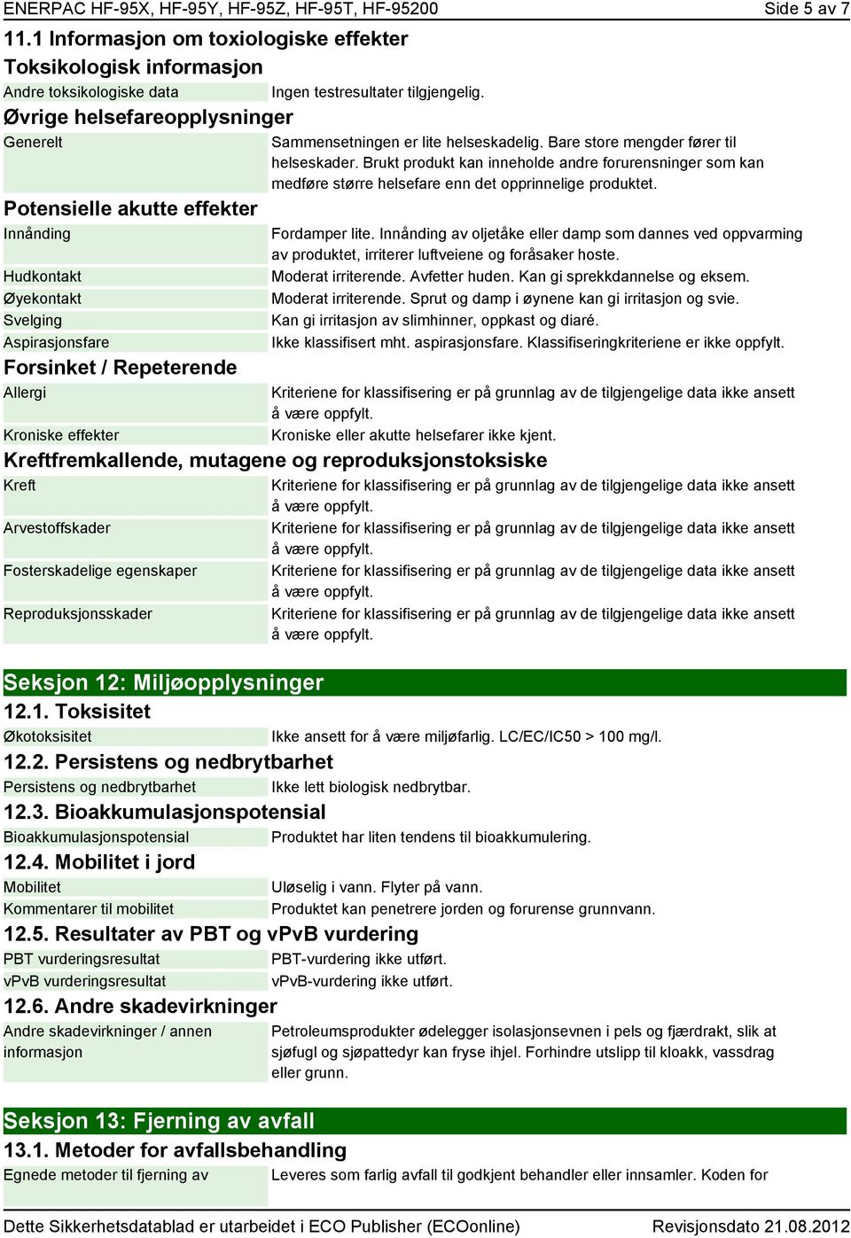 Aspirasjonsfare Forsinket / Repeterende Allergi Kroniske effekter Ingen testresultater tilgjengelig. Sammensetningen er lite helseskadelig. Bare store mengder fører til helseskader.