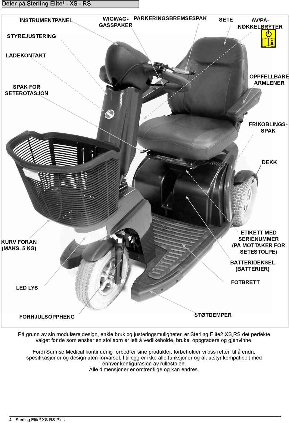 5 KG) ETIKETT MED SERIENUMMER (PÅ MOTTAKER FOR SETESTOLPE) BATTERIDEKSEL (BATTERIER) LED LYS FOTBRETT FORHJULSOPPHENG STØTDEMPER På grunn av sin modulære design, enkle bruk og justeringsmuligheter,