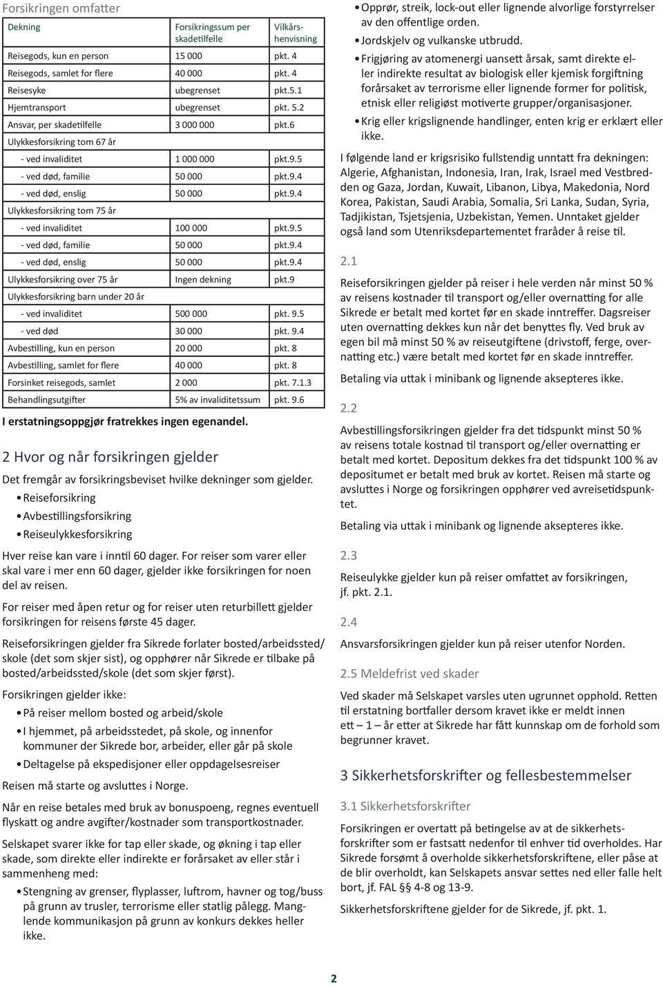 9.5 - ved død, familie 50 000 pkt.9.4 - ved død, enslig 50 000 pkt.9.4 Ulykkesforsikring over 75 år Ingen dekning pkt.9 Ulykkesforsikring barn under 20 år - ved invaliditet 500 000 pkt. 9.