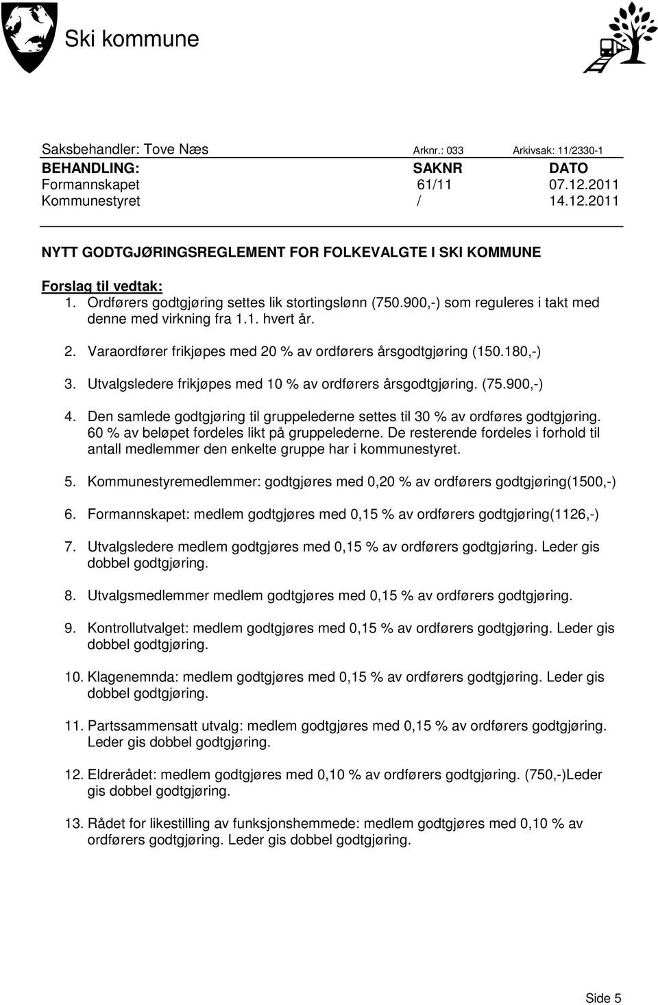 Utvalgsledere frikjøpes med 10 % av ordførers årsgodtgjøring. (75.900,-) 4. Den samlede godtgjøring til gruppelederne settes til 30 % av ordføres godtgjøring.