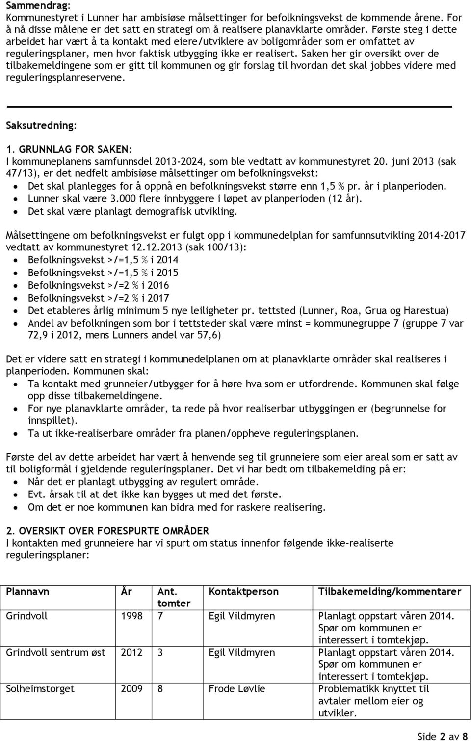 Saken her gir oversikt over de tilbakemeldingene som er gitt til kommunen og gir forslag til hvordan det skal jobbes videre med reguleringsplanreservene. Saksutredning: 1.