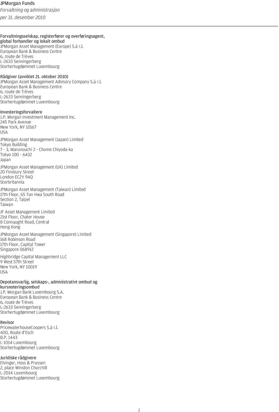 245 Park Avenue New York, NY 10167 USA JPMorgan Asset Management (Japan) Limited Tokyo Building 7-3, Marunouchi 2 - Chome Chiyoda-ku Tokyo 100-6432 Japan JPMorgan Asset Management (UK) Limited 20