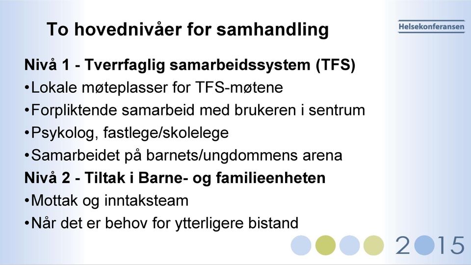 fastlege/skolelege Samarbeidet på barnets/ungdommens arena Nivå 2 - Tiltak i