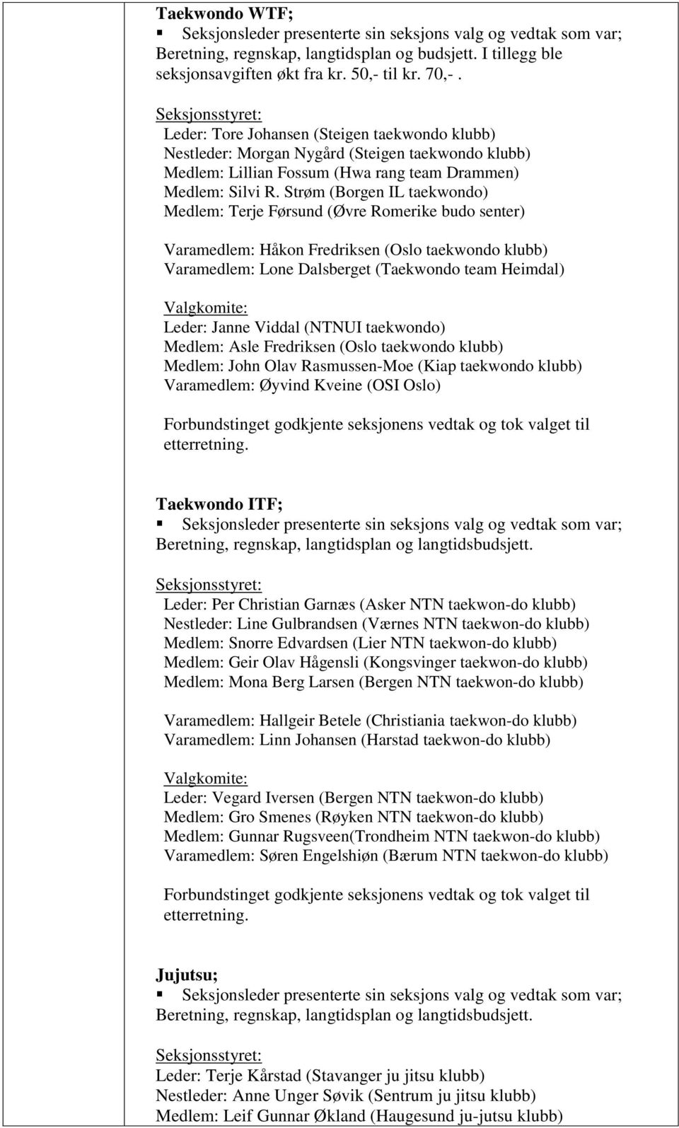 Strøm (Borgen IL taekwondo) Medlem: Terje Førsund (Øvre Romerike budo senter) Varamedlem: Håkon Fredriksen (Oslo taekwondo klubb) Varamedlem: Lone Dalsberget (Taekwondo team Heimdal) Leder: Janne