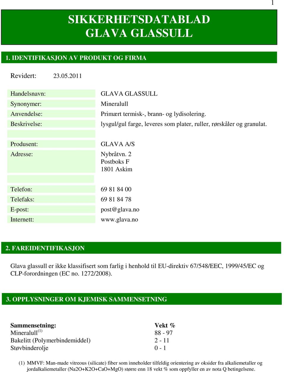 Produsent: GLAVA A/S Adresse: Nybråtvn. 2 Postboks F 1801 Askim Telefon: 69 81 84 00 Telefaks: 69 81 84 78 E-post: post@glava.no Internett: www.glava.no 2.