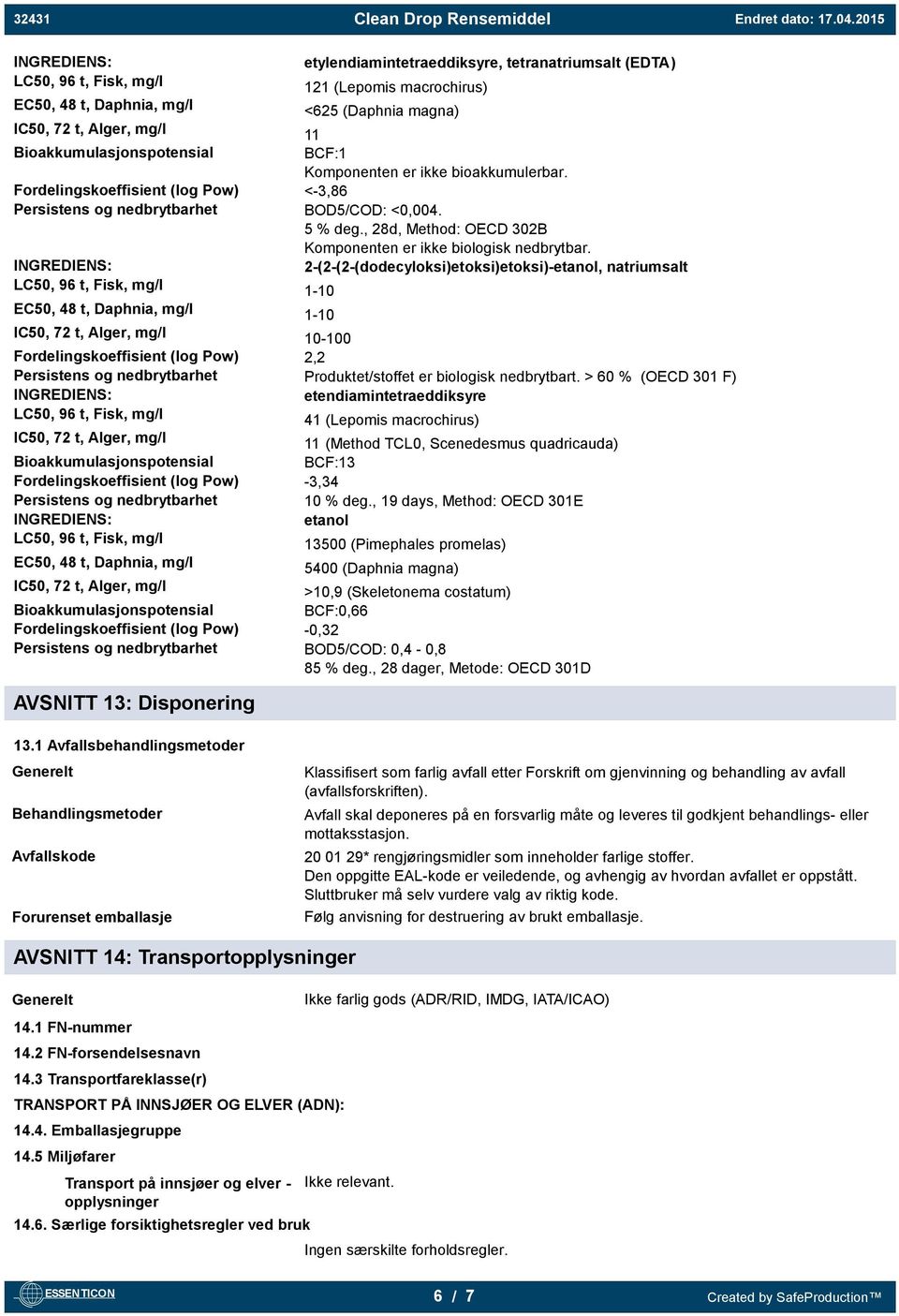 , 28d, Method: OECD 302B Komponenten er ikke biologisk nedbrytbar. 1-10 1-10 10-100 2,2 Produktet/stoffet er biologisk nedbrytbart.