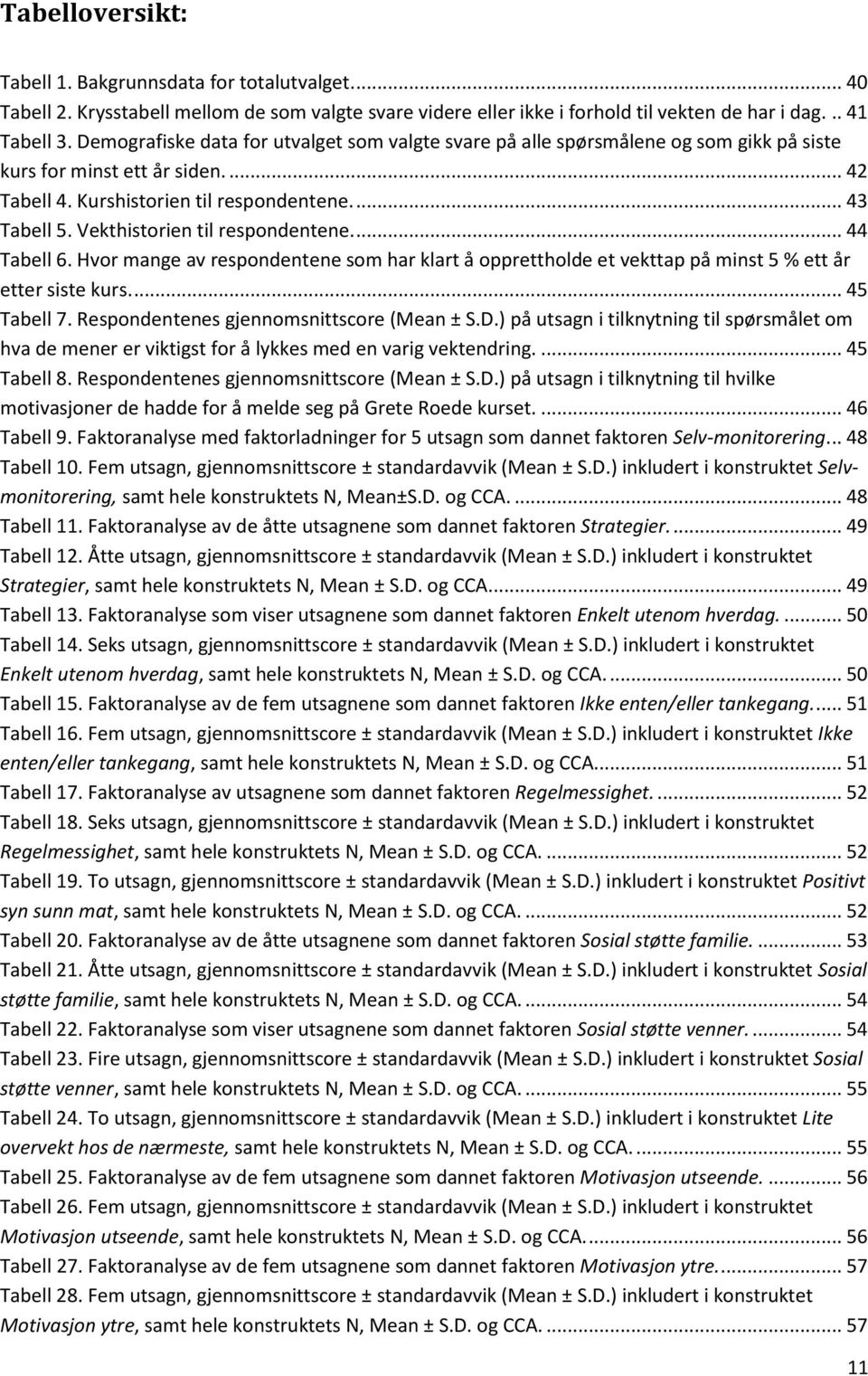 Vekthistorien til respondentene.... 44 Tabell 6. Hvor mange av respondentene som har klart å opprettholde et vekttap på minst 5 % ett år etter siste kurs.... 45 Tabell 7.