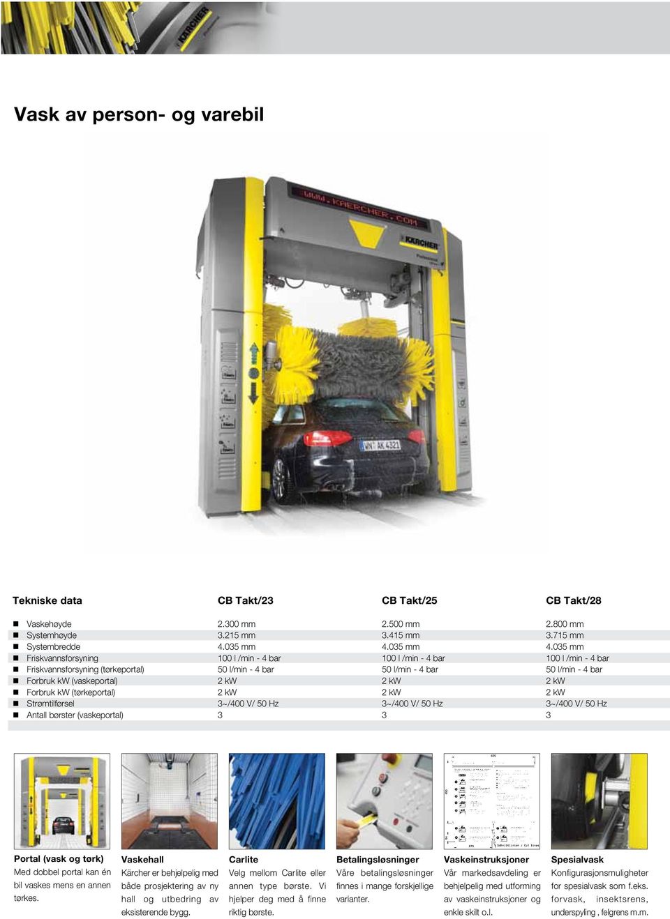 035 mm Friskvannsforsyning 100 l /min - 4 bar 100 l /min - 4 bar 100 l /min - 4 bar Friskvannsforsyning (tørkeportal) 50 l/min - 4 bar 50 l/min - 4 bar 50 l/min - 4 bar Forbruk kw (vaskeportal) 2 kw