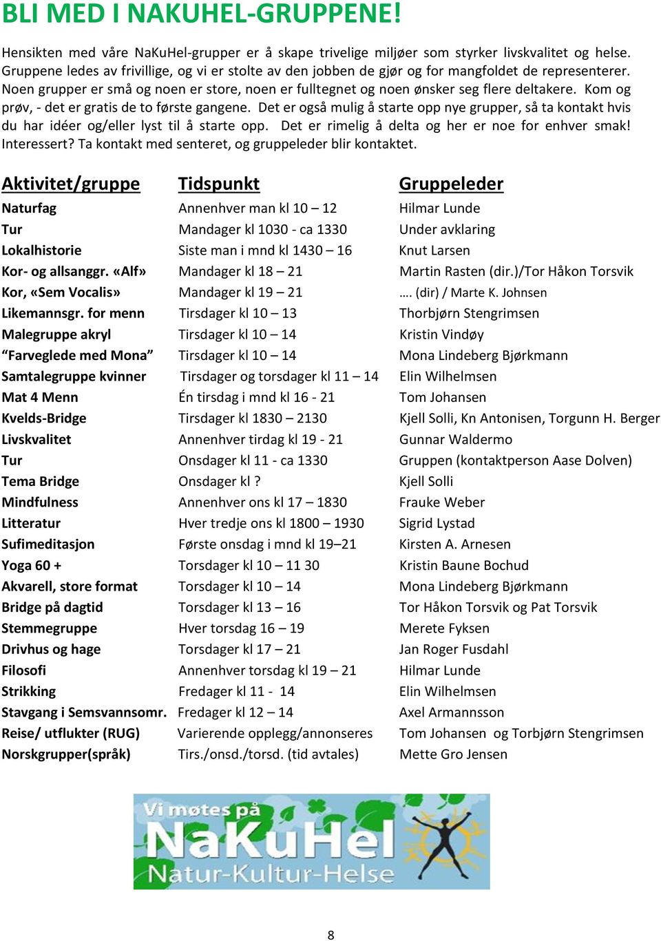 Kom og prøv, - det er gratis de to første gangene. Det er også mulig å starte opp nye grupper, så ta kontakt hvis du har idéer og/eller lyst til å starte opp.