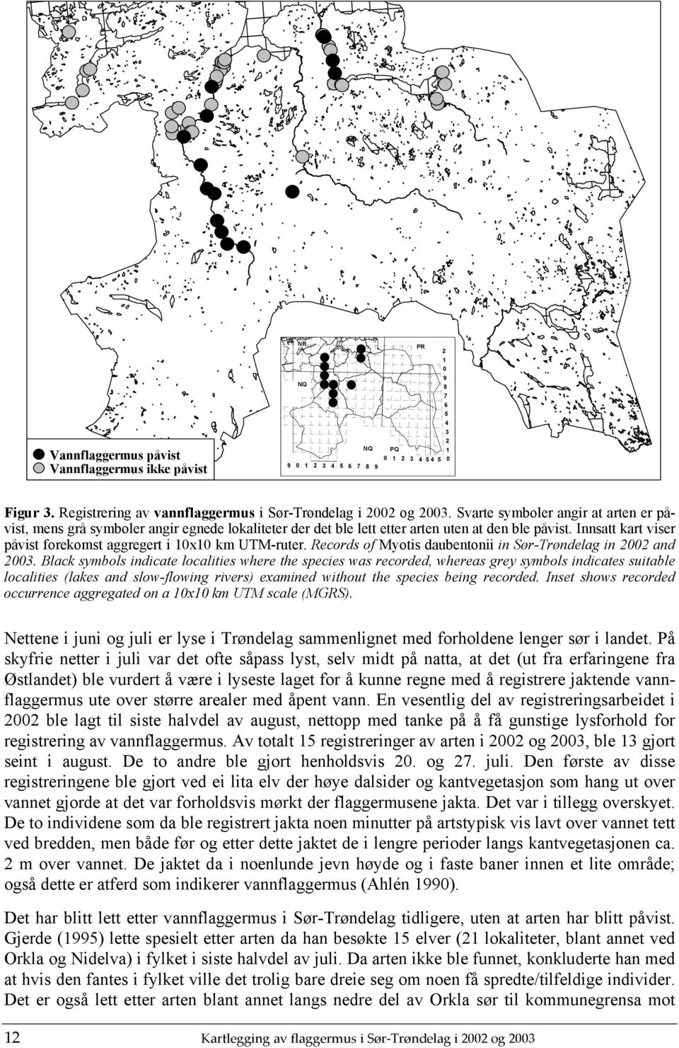 Innsatt kart viser påvist forekomst aggregert i 10x10 km UTM-ruter. Records of Myotis daubentonii in Sør-Trøndelag in 2002 and 2003.