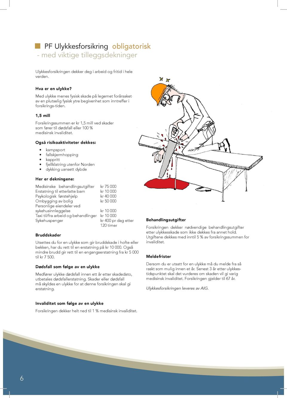 1,5 mill Forsikringssummen er kr 1,5 mill ved skader som fører til dødsfall eller 100 % medisinsk invaliditet.