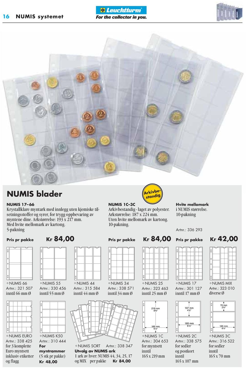 10-pakning. Pris pr pakke Kr 84,00 Hvite mellomark i NUMIS størrelse. 10-pakning Artnr.: 336 293 Pris pr pakke Kr 42,00 NUMIS 66 Artnr.: 321 507 inntil 66 mm Ø NUMIS 55 Artnr.