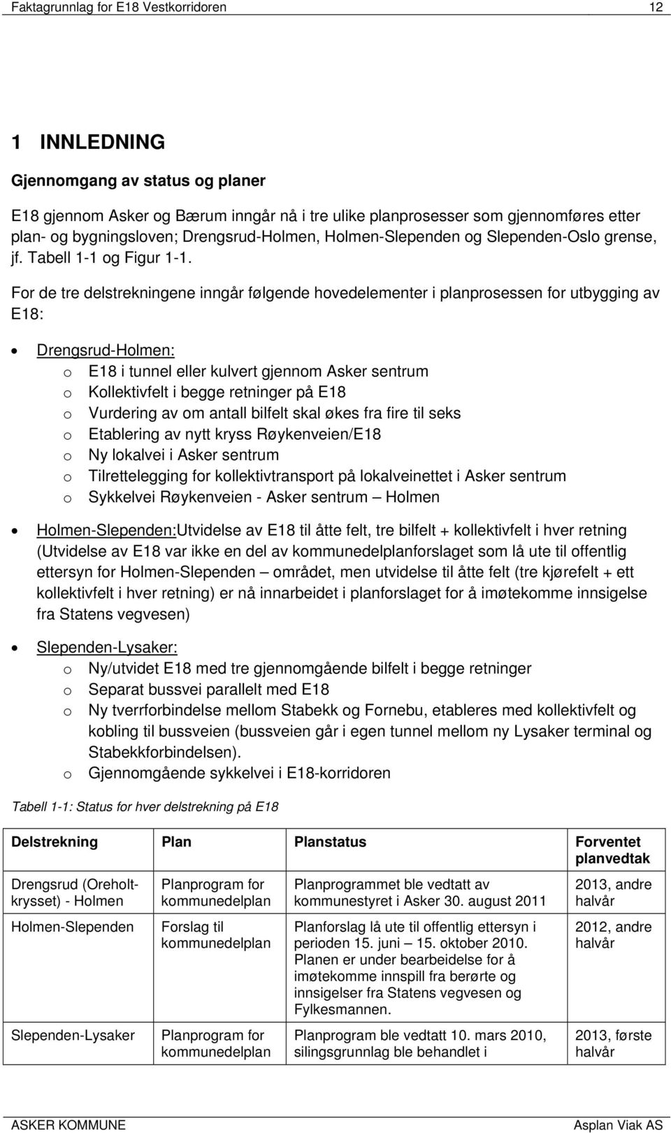For de tre delstrekningene inngår følgende hovedelementer i planprosessen for utbygging av E18: Drengsrud-Holmen: o E18 i tunnel eller kulvert gjennom Asker sentrum o Kollektivfelt i begge retninger