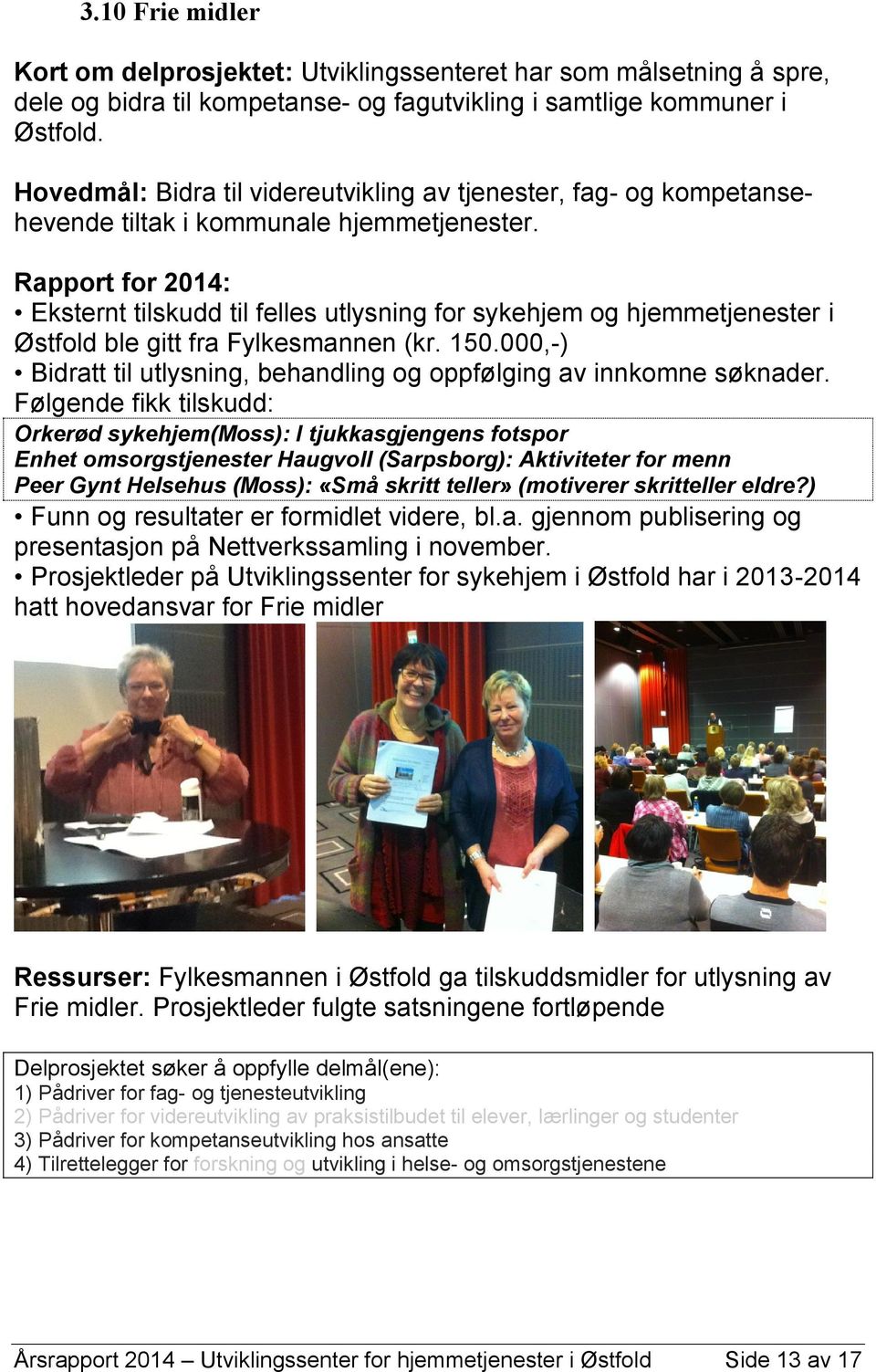 Rapport for 2014: Eksternt tilskudd til felles utlysning for sykehjem og hjemmetjenester i Østfold ble gitt fra Fylkesmannen (kr. 150.