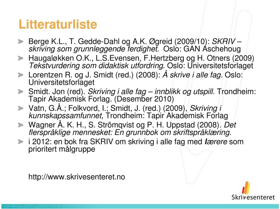 Skriving i alle fag innblikk og utspill. Trondheim: Tapir Akademisk Forlag. (Desember 2010) Vatn, G.Å.; Folkvord, I.; Smidt, J. (red.