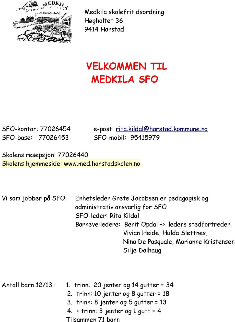 no Vi som jobber på SFO: Enhetsleder Grete Jacobsen er pedagogisk og administrativ ansvarlig for SFO SFO-leder: Rita Kildal Barneveiledere: Berit Opdal > leders