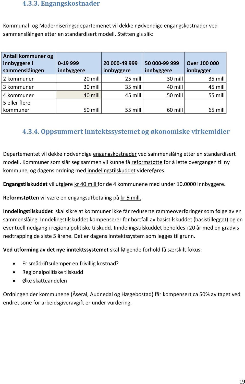 mill 3 kommuner 30 mill 35 mill 40 mill 45 mill 4 kommuner 40 mill 45 mill 50 mill 55 mill 5 eller flere kommuner 50 mill 55 mill 60 mill 65 mill 4.3.4. Oppsummert inntektssystemet og økonomiske virkemidler Departementet vil dekke nødvendige engangskostnader ved sammenslåing etter en standardisert modell.