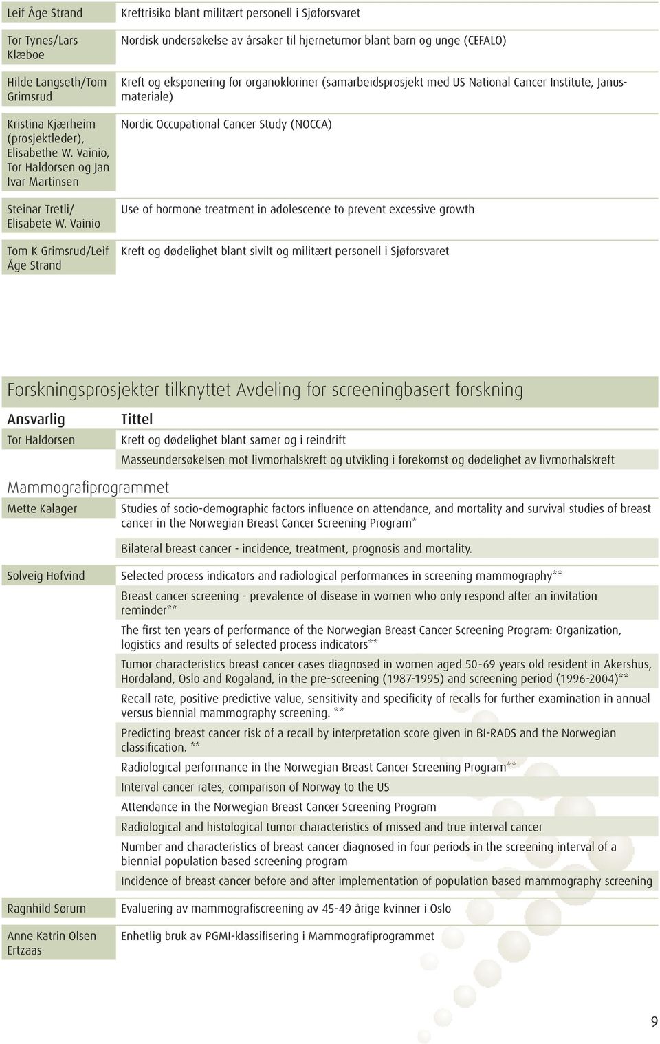 organokloriner (samarbeidsprosjekt med US National Cancer Institute, Janusmateriale) Nordic Occupational Cancer Study (NOCCA) Use of hormone treatment in adolescence to prevent excessive growth Kreft