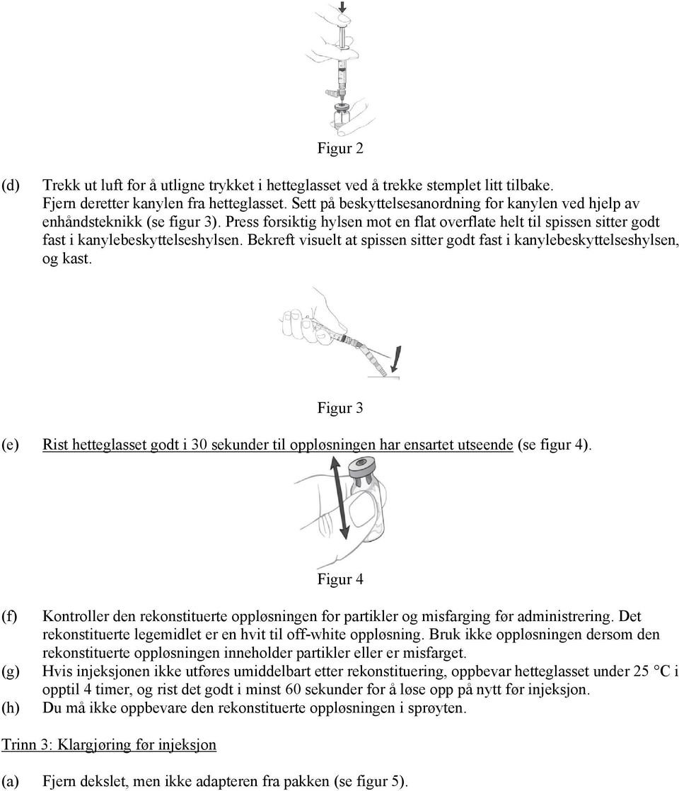 Bekreft visuelt at spissen sitter godt fast i kanylebeskyttelseshylsen, og kast. Figur 3 (e) Rist hetteglasset godt i 30 sekunder til oppløsningen har ensartet utseende (se figur 4).