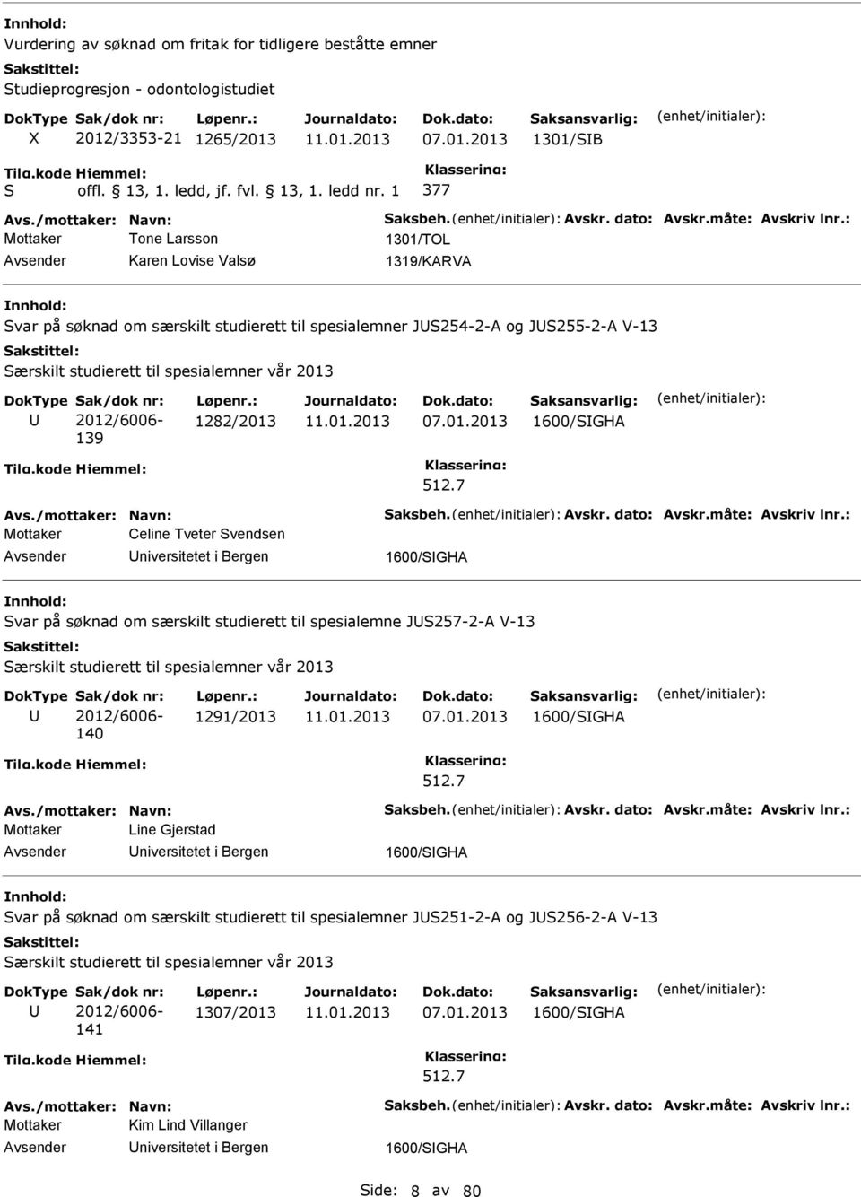: Mottaker Tone Larsson 1301/TOL Karen Lovise Valsø 1319/KARVA Svar på søknad om særskilt studierett til spesialemner JS254-2-A og JS255-2-A V-13 Særskilt studierett til spesialemner vår 2013