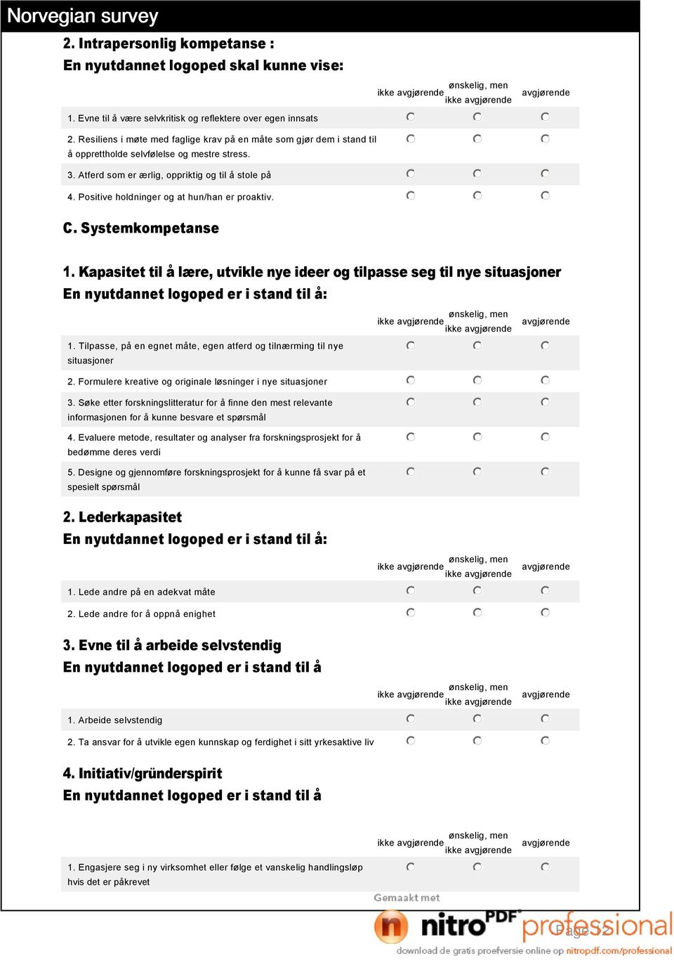 Positive holdninger og at hun/han er proaktiv. C. Systemkompetanse 1. Kapasitet til å lære, utvikle nye ideer og tilpasse seg til nye situasjoner 1.