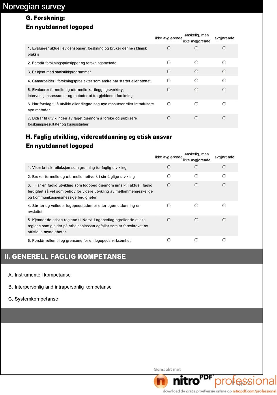 Har forslag til å utvikle eller tilegne seg nye ressurser eller introdusere nye metoder 7. Bidrar til utviklingen av faget gjennom å forske og publisere forskningsresultater og kasusstudier. H.