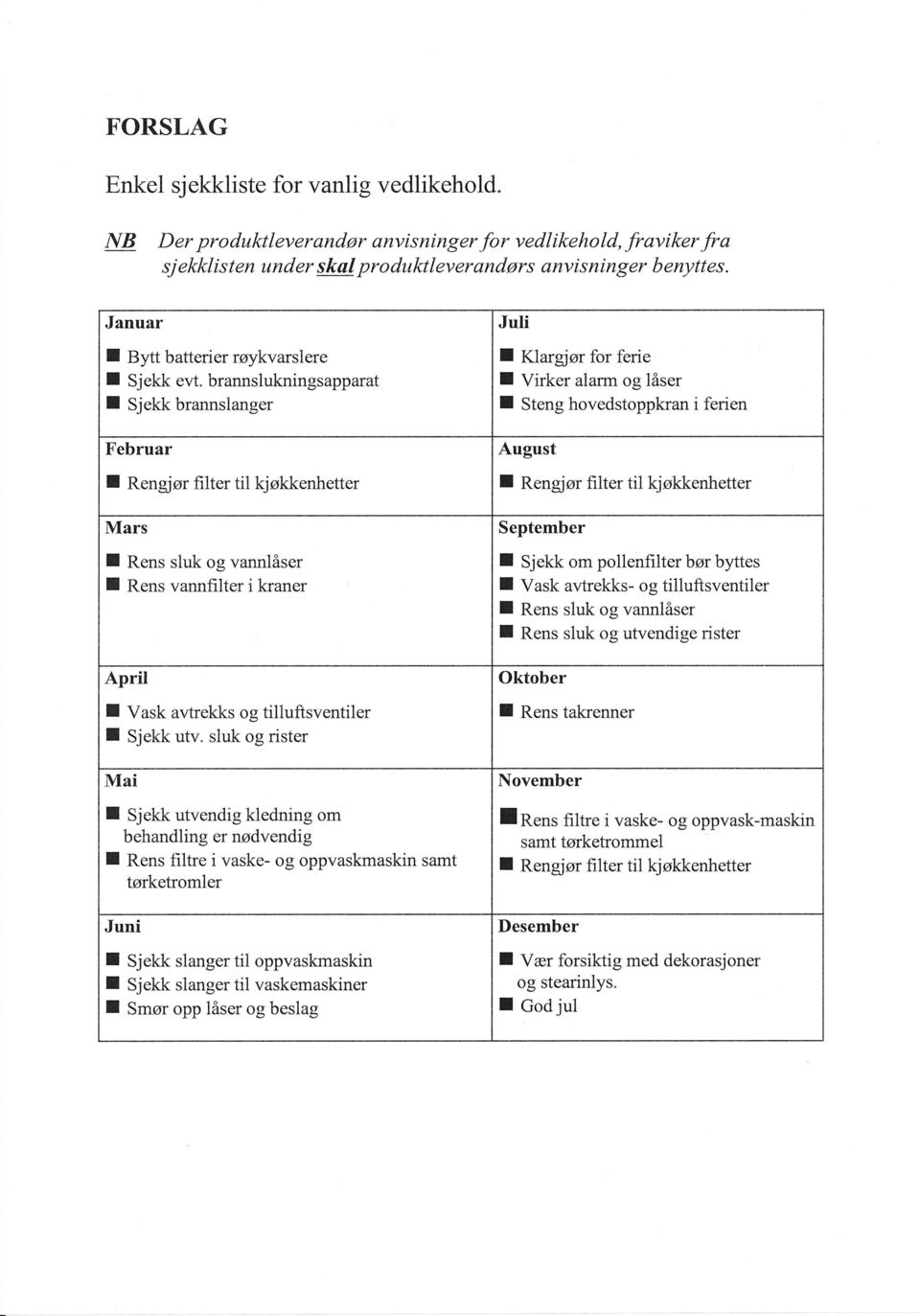 brannslukningsapparat I Sjekkbrannslanger Februar I Rengjør filter til kjøkkenhetter Mars I Rens sluk og vannlåser I Rens vannfilter i kraner April I Vask avtrekks og tilluftsventiler f Sjekk utv.