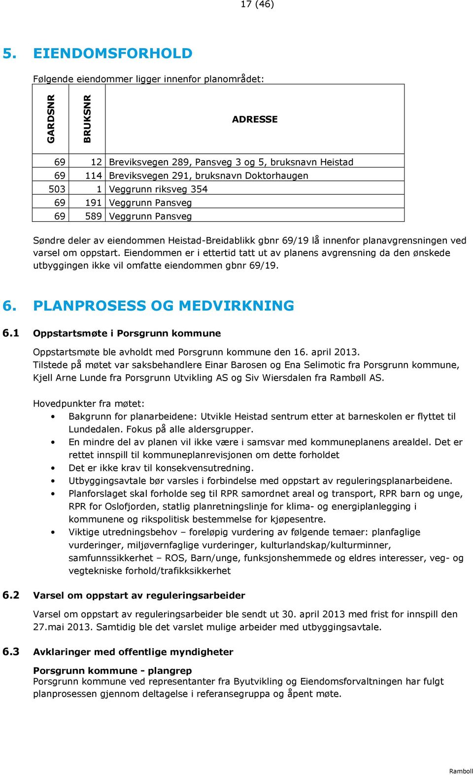 1 Veggrunn riksveg 354 69 191 Veggrunn Pansveg 69 589 Veggrunn Pansveg Søndre deler av eiendommen Heistad-Breidablikk gbnr 69/19 lå innenfor planavgrensningen ved varsel om oppstart.