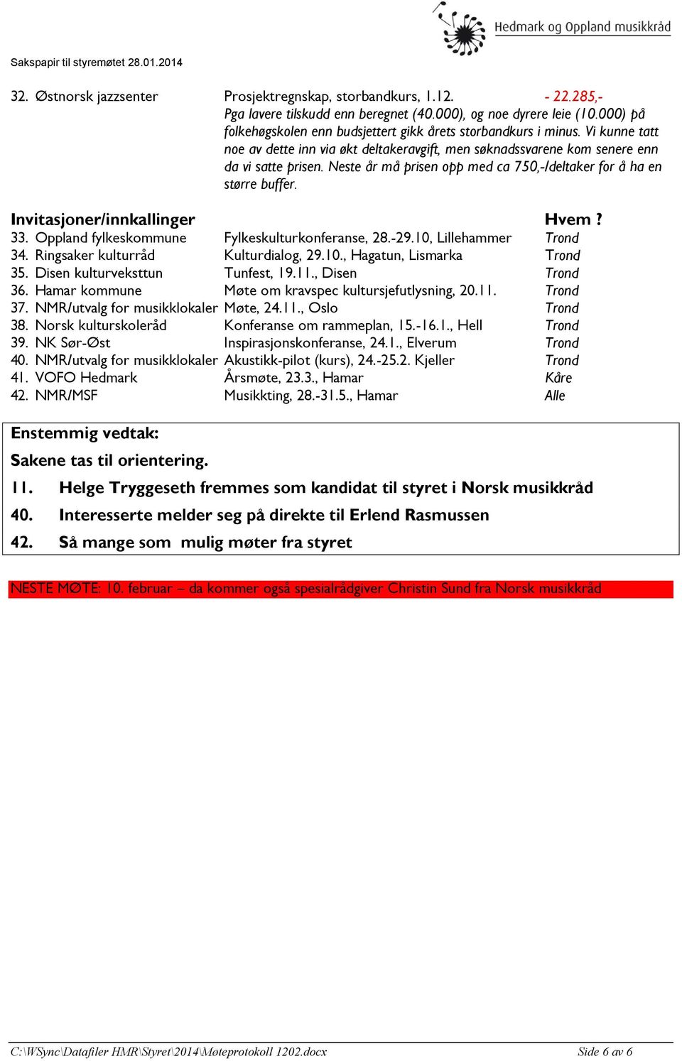 Neste år må prisen opp med ca 750,-/deltaker for å ha en større buffer. Invitasjoner/innkallinger Hvem? 33. Oppland fylkeskommune Fylkeskulturkonferanse, 28.-29.10, Lillehammer Trond 34.