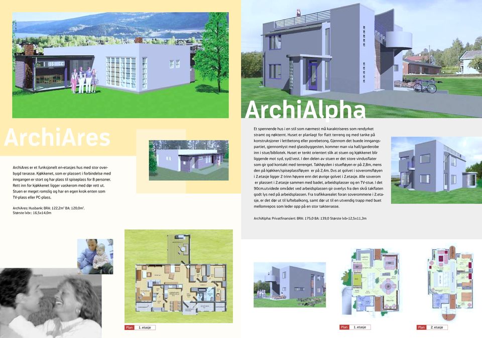 : 16,5x14,0m Et spennende hus i en stil som nærmest må karaktriseres som rendyrket stramt og nøkternt. Huset er planlagt for flatt terreng og med tanke på konstruksjoner i lettbetong eller porebetong.